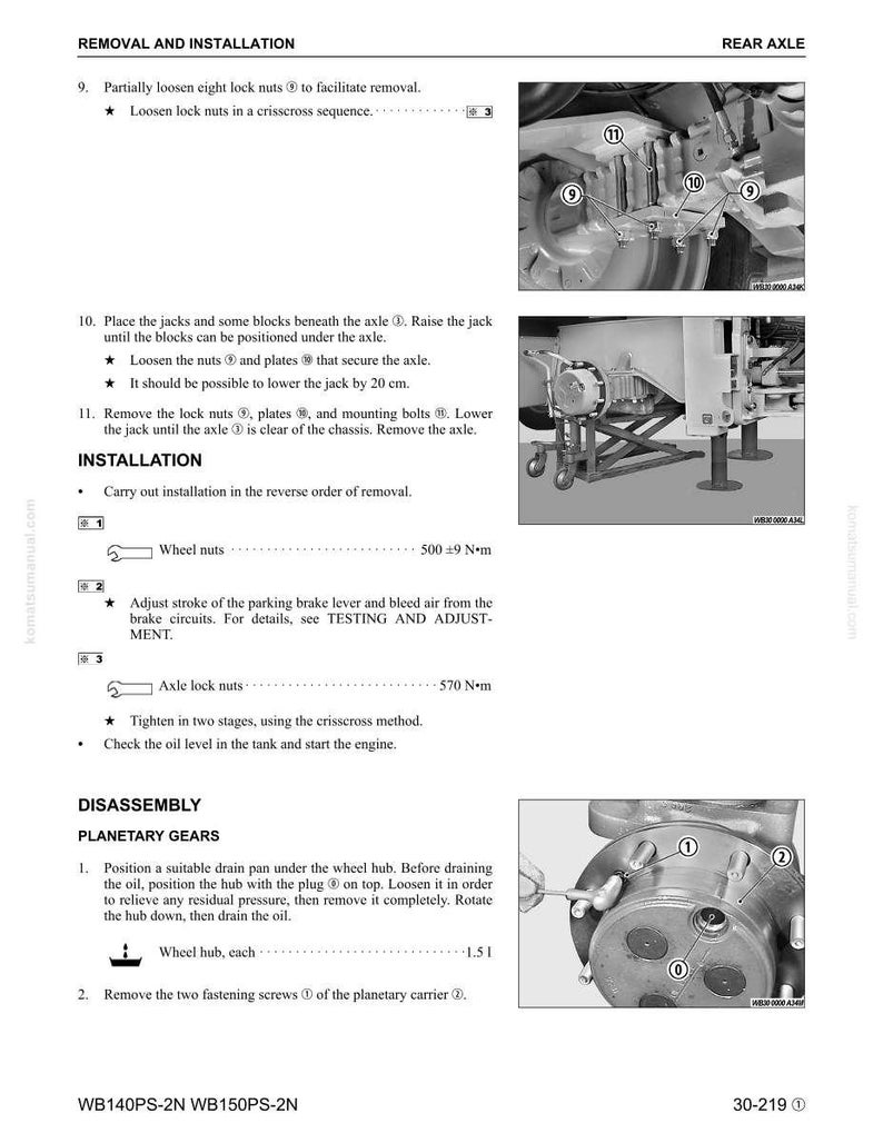 May include: A page from a manual detailing the removal and installation of a rear axle. The text includes instructions for loosening nuts, placing jacks, and removing components. Diagrams illustrate the steps.
