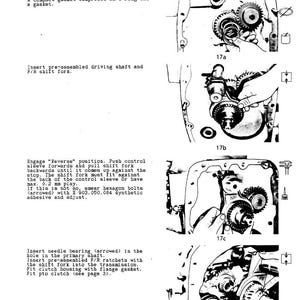 May include: Technical diagram with illustrations of mechanical components, including gears, shafts, and a shift fork. The diagram includes text instructions for assembly and maintenance, with labels and arrows pointing to specific parts. The image is in black and white.