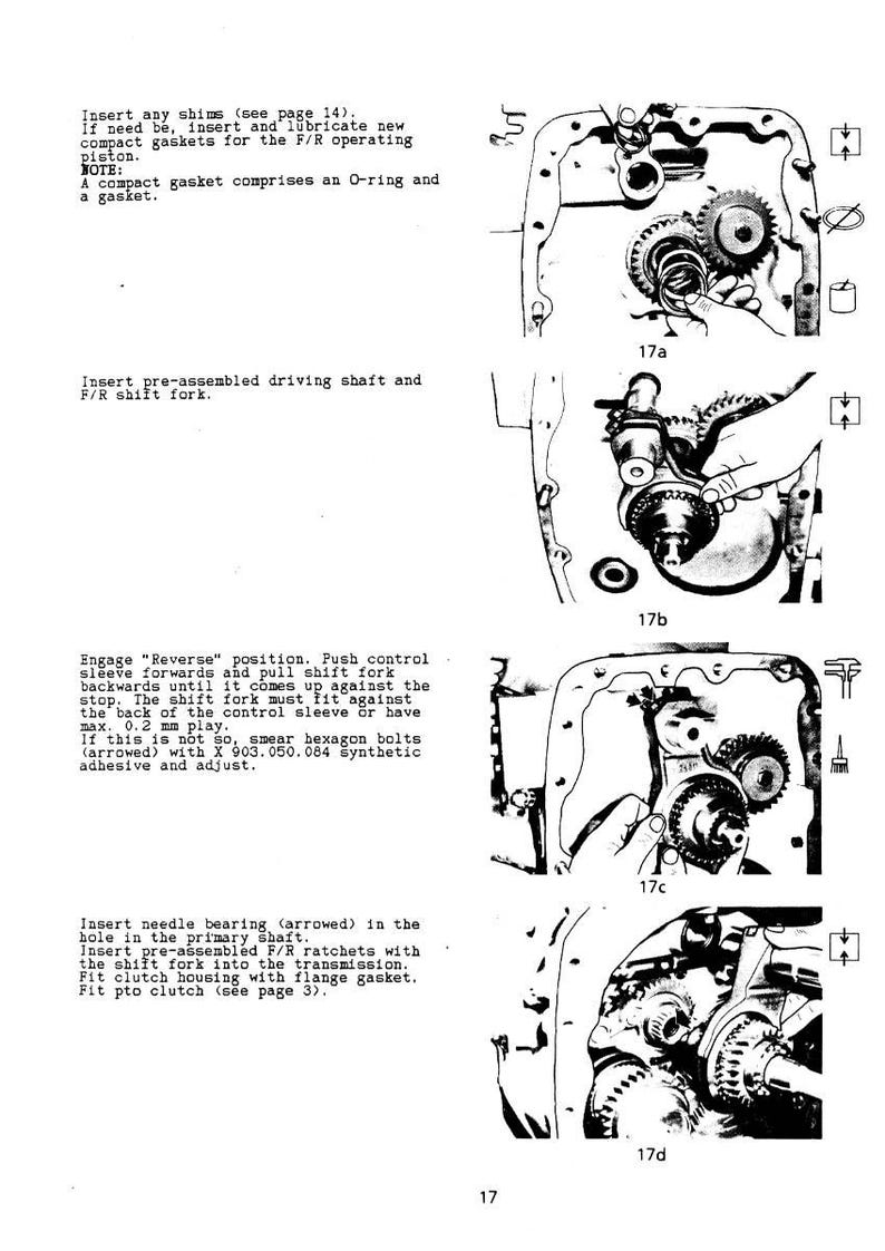 May include: Technical diagram with illustrations of mechanical components, including gears, shafts, and a shift fork. The diagram includes text instructions for assembly and maintenance, with labels and arrows pointing to specific parts. The image is in black and white.