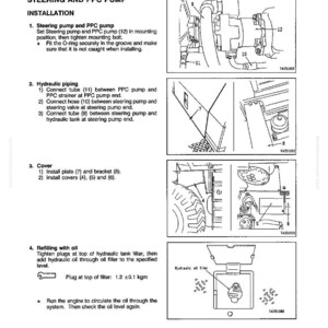 May include: Technical diagram illustrating the installation of a steering and PPC pump. The guide provides step-by-step instructions with accompanying diagrams for assembly, including hydraulic piping and oil refilling procedures.