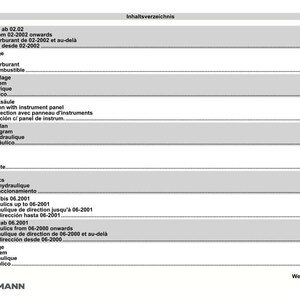 May include: A page from a Weidemann 4204 D/P manual, featuring a table of contents in multiple languages. The text includes terms like "Gas control", "Fuel system", and "Electrical system". The page has a white background with black text.