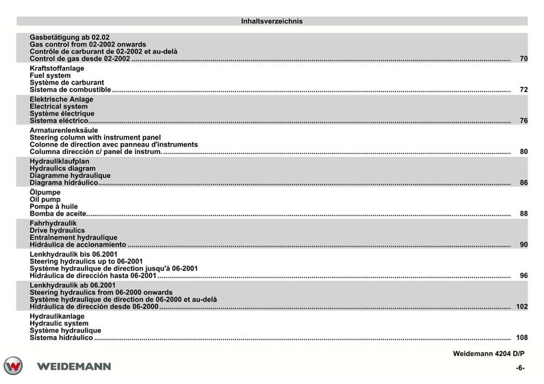 May include: A page from a Weidemann 4204 D/P manual, featuring a table of contents in multiple languages. The text includes terms like "Gas control", "Fuel system", and "Electrical system". The page has a white background with black text.