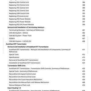 May include: A white page with a detailed table of contents from a repair manual. The table lists various control units, transmission components, and repair procedures, with corresponding page numbers.