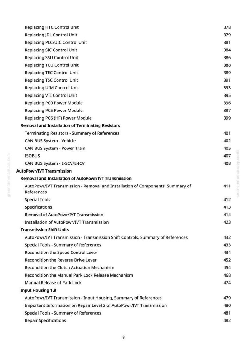 May include: A white page with a detailed table of contents from a repair manual. The table lists various control units, transmission components, and repair procedures, with corresponding page numbers.