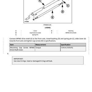 May include: An exploded diagram of mechanical components, including a cover, cap screws, spring pin, bushing, and MFWD drive shaft. The diagram includes measurements and specifications, such as 10 lb-ft torque.