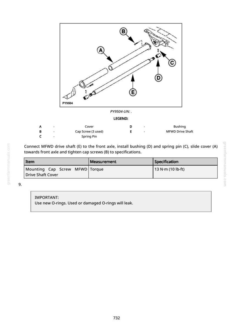 May include: An exploded diagram of mechanical components, including a cover, cap screws, spring pin, bushing, and MFWD drive shaft. The diagram includes measurements and specifications, such as 10 lb-ft torque.