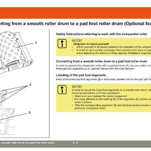 May include: Diagram illustrating the conversion of a smooth roller drum to a pad foot roller drum. Includes safety instructions and notes about the process, with labeled components and text. The text includes the phrase "Converting from a smooth roller drum to a pad foot roller drum".