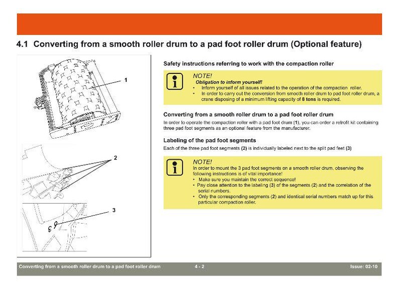 May include: Diagram illustrating the conversion of a smooth roller drum to a pad foot roller drum. Includes safety instructions and notes about the process, with labeled components and text. The text includes the phrase "Converting from a smooth roller drum to a pad foot roller drum".