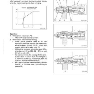 May include: Diagram of a modulating relief valve for a swing motor, with labeled components and a graph illustrating pressure changes. Includes text explaining the valve's function and operation.