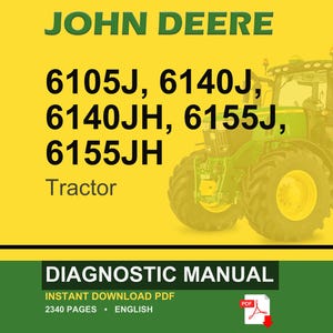 May include: A John Deere tractor diagnostic manual cover. The image shows a green and yellow tractor against a yellow backdrop. Text includes "JOHN DEERE", tractor model numbers, and "DIAGNOSTIC MANUAL". The PDF file is available for instant download.