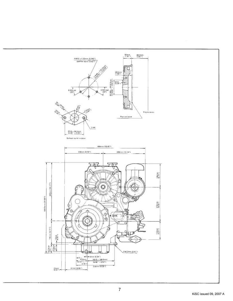 Op de afbeelding: Gedetailleerde technische tekening van een motor, met blauwdrukken en afmetingen in millimeters en inches. Het diagram bevat verschillende motoronderdelen, zoals een cirkelvormige ventilator, een achterplaat en een uitlaat. De afbeelding is genummerd 7 en bevat de tekst "KISC issued 09, 2007 A".