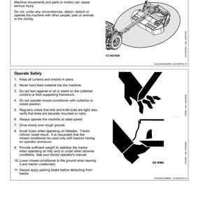 Puede incluir: Una p&aacute;gina del manual de seguridad con el t&iacute;tulo "Mantener un &aacute;rea de seguridad alrededor de la m&aacute;quina" y "Operar de forma segura". La p&aacute;gina incluye diagramas e instrucciones para el funcionamiento seguro de la maquinaria.