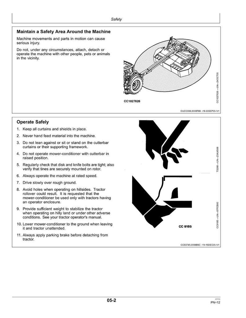 Puede incluir: Una p&aacute;gina del manual de seguridad con el t&iacute;tulo "Mantener un &aacute;rea de seguridad alrededor de la m&aacute;quina" y "Operar de forma segura". La p&aacute;gina incluye diagramas e instrucciones para el funcionamiento seguro de la maquinaria.