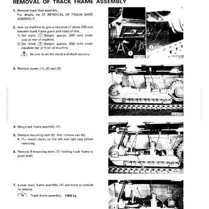 Op de afbeelding: Technische tekening met de verwijdering van een rupsframe-assemblage. Het document bevat genummerde stappen, diagrammen en metingen in millimeters en kilogrammen. De tekst luidt "REMOVAL OF TRACK FRAME ASSEMBLY".