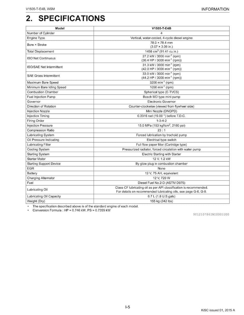 May include: Specifications table for a V1505-T-E4B engine. Includes details like bore x stroke (3.07 x 3.09 in.), total displacement (91.41 cu.in.), and power output. Also lists fuel type, lubricating oil capacity (1.8 U.S. gals), and dry weight (342 lbs).