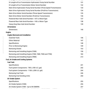 May include: A white-background page from a manual with a detailed table of contents. The text includes engine specifications, fuel systems, and air intake information. Page numbers are listed on the right.