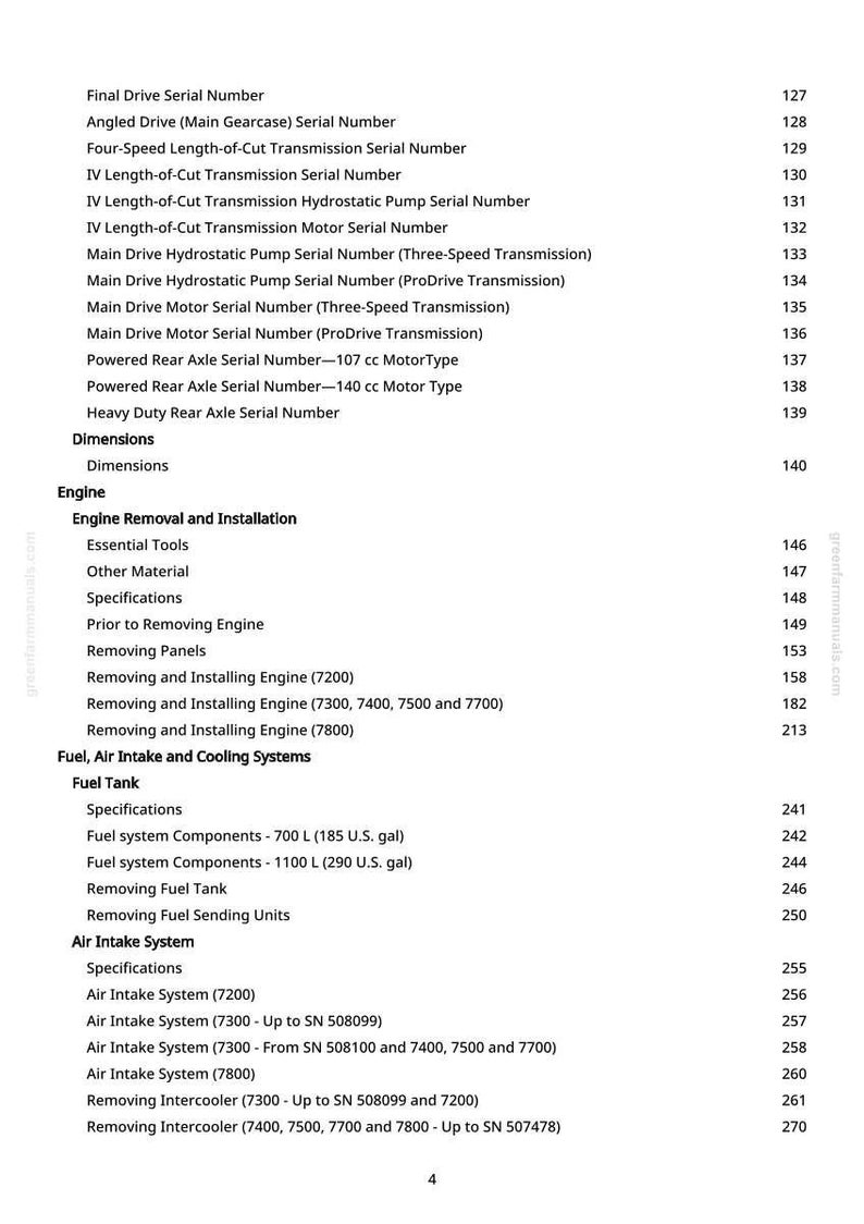May include: A white-background page from a manual with a detailed table of contents. The text includes engine specifications, fuel systems, and air intake information. Page numbers are listed on the right.