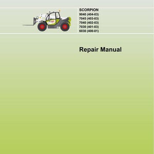 May include: A repair manual cover featuring the CLAAS logo in red. The image includes a Scorpion telehandler and text listing model numbers. The words "Repair Manual" and "SERVICE & PARTS" are also displayed.