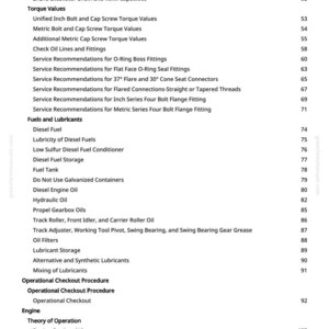 K&ouml;nnte beinhalten: Eine Manuellseite mit einem Inhaltsverzeichnis f&uuml;r einen 27ZTS-Bagger. Die Themen umfassen Drehmomentwerte, Kraftstoffe, Schmierstoffe und Motorbetrieb. Seitenzahlen sind auf der rechten Seite aufgef&uuml;hrt.