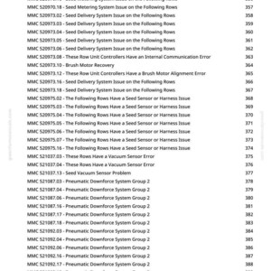 May include: A page from a manual with a list of technical issues and error codes, including "Seed Meter Stalled and Cleared" and "Vacuum Sensor Error". The document is from greenfarmmanuals.com.