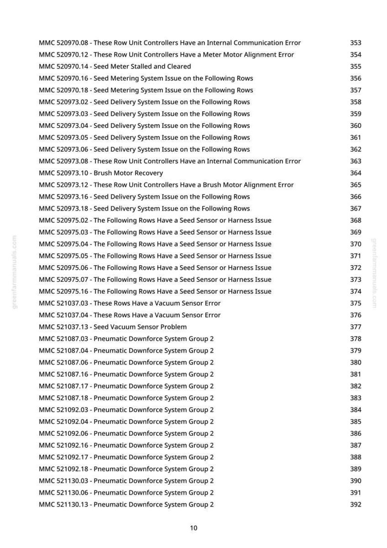 May include: A page from a manual with a list of technical issues and error codes, including "Seed Meter Stalled and Cleared" and "Vacuum Sensor Error". The document is from greenfarmmanuals.com.