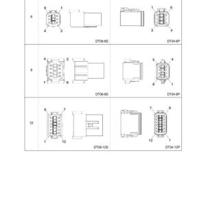 May include: Technical diagram illustrating electrical connectors, including receptacle and plug types. The image displays connectors with 6, 8, and 12 pins, identified by model numbers such as DT06-6S and DT04-6P. The connectors are shown in a technical illustration.