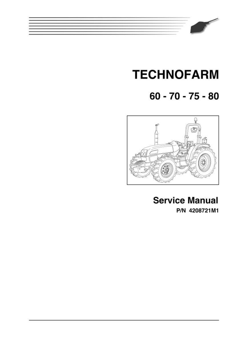 May include: A service manual for a Technofarm tractor, model numbers 60, 70, 75, and 80. The image shows a line drawing of the tractor. The manual is labeled "Service Manual" with the part number 4208721M1.