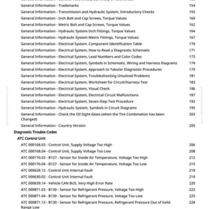 May include: A page from a manual with a table of contents. The text includes "General Information" and "Diagnostic Trouble Codes." The page numbers are listed on the right side. The manual is for automotive repair.