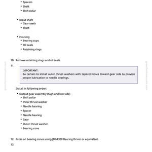 May include: A white page with a detailed parts list for mechanical components, including output shaft, gear teeth, and needle bearings. Instructions are provided for assembly, emphasizing the correct order and the importance of proper lubrication.