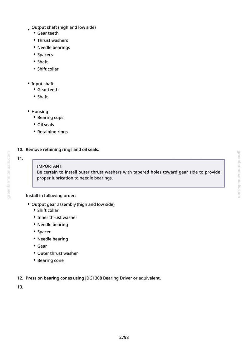 May include: A white page with a detailed parts list for mechanical components, including output shaft, gear teeth, and needle bearings. Instructions are provided for assembly, emphasizing the correct order and the importance of proper lubrication.