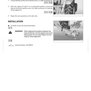 May include: A page from a manual detailing the disassembly and assembly of backhoe outriggers. The text includes instructions and diagrams for removing and installing components, with warnings about alignment and safety. The page also includes the model number WB150AWS-2N.