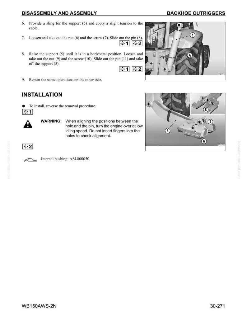 May include: A page from a manual detailing the disassembly and assembly of backhoe outriggers. The text includes instructions and diagrams for removing and installing components, with warnings about alignment and safety. The page also includes the model number WB150AWS-2N.