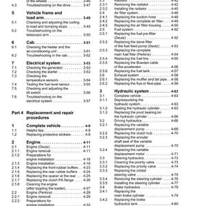 May include: A Weidemann service manual table of contents. The document lists procedures for vehicle maintenance, including engine, hydraulic, and electrical system repairs. The manual is labeled with the text "WDF-6010-00EN".