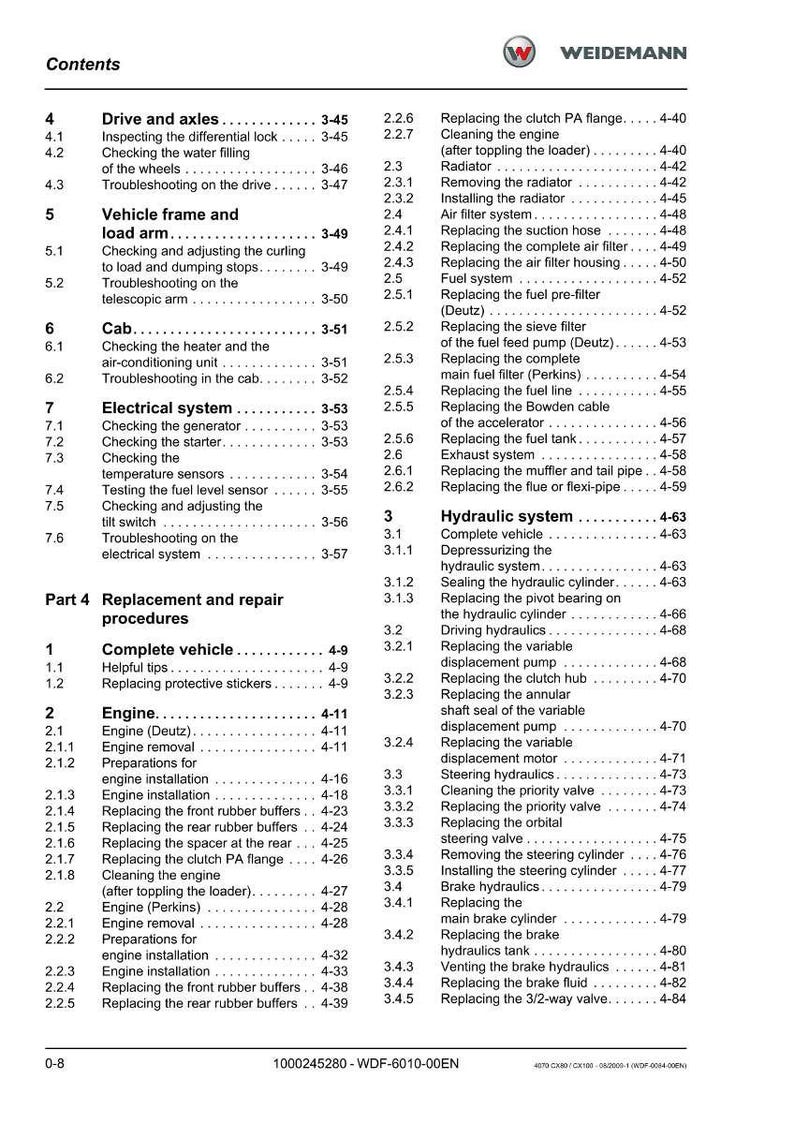May include: A Weidemann service manual table of contents. The document lists procedures for vehicle maintenance, including engine, hydraulic, and electrical system repairs. The manual is labeled with the text "WDF-6010-00EN".