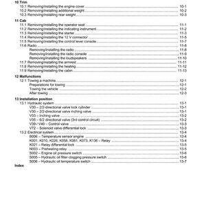 May include: A detailed page from a manual, featuring a table of contents with various sections like 'Trim,' 'Cab,' and 'Malfunctions.' The text is black on a white background, with the 'WEIDEMANN' logo at the top.