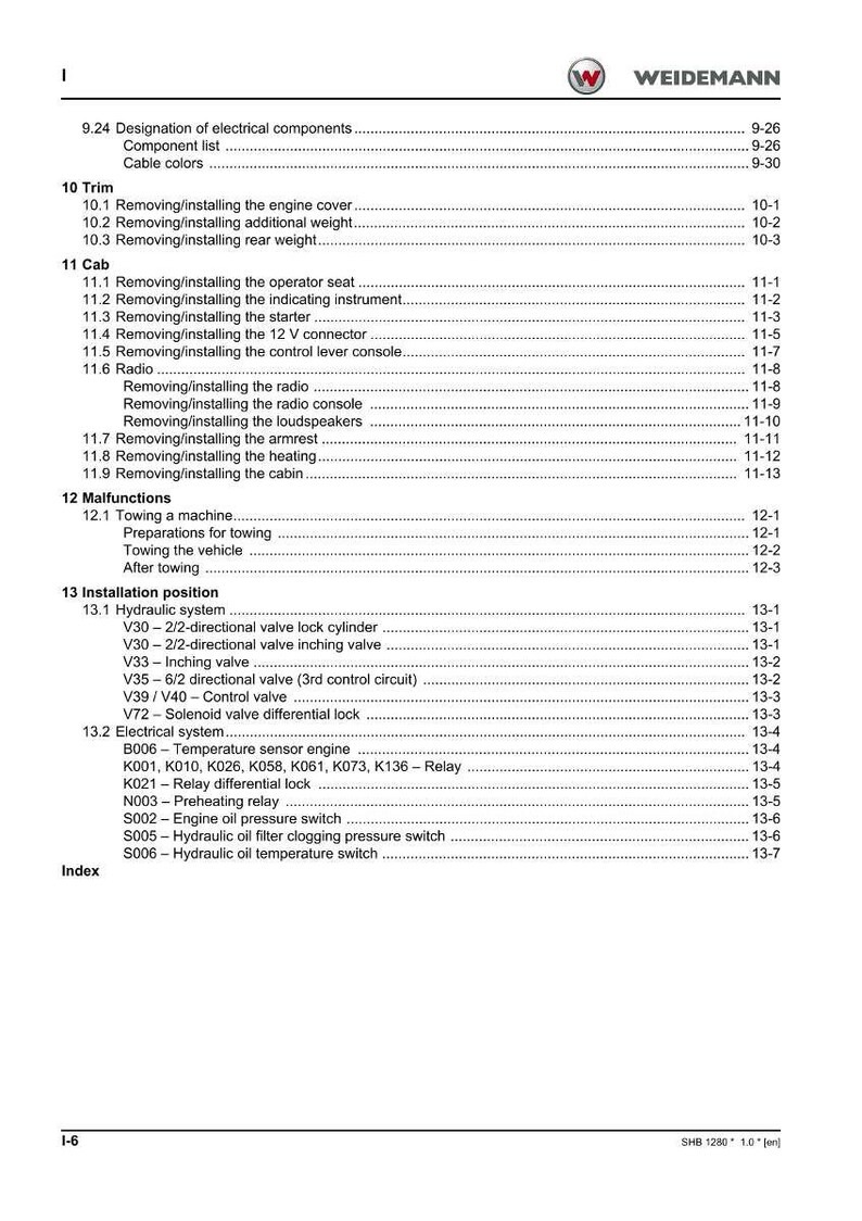 May include: A detailed page from a manual, featuring a table of contents with various sections like 'Trim,' 'Cab,' and 'Malfunctions.' The text is black on a white background, with the 'WEIDEMANN' logo at the top.