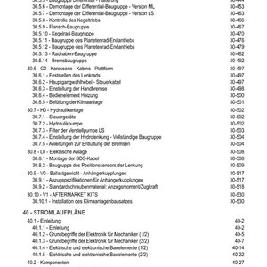 May include: A detailed table of contents from a manual, featuring a list of technical topics with corresponding page numbers. Topics include electrical systems, hydraulic systems, and component details.