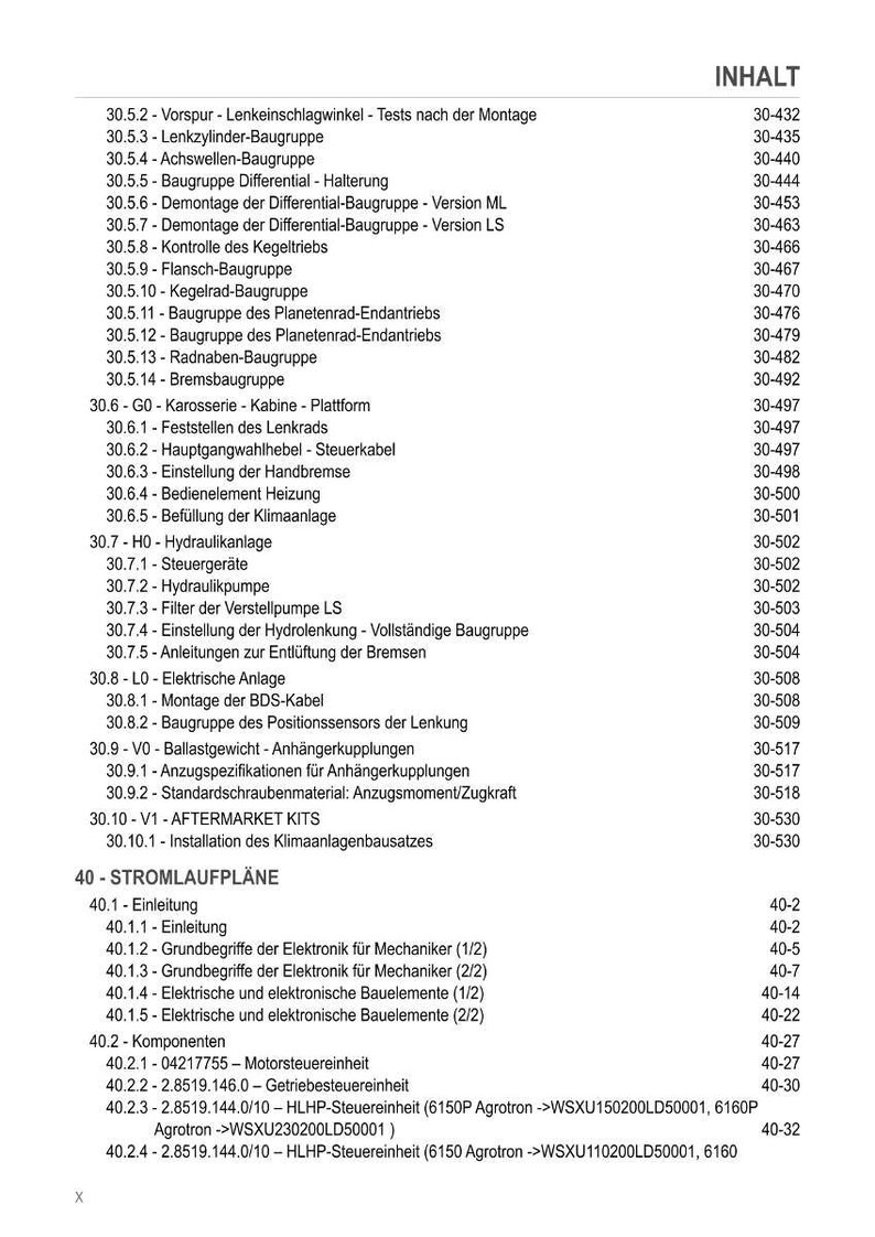 May include: A detailed table of contents from a manual, featuring a list of technical topics with corresponding page numbers. Topics include electrical systems, hydraulic systems, and component details.
