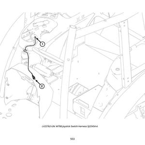 May include: Line drawing of a vehicle interior with a joystick switch harness. The harness, labeled with numbers 1 and 2, is a black cable connecting various components within the vehicle's structure. The text "LV22762-UN: W708 joystick Switch Harness SJ22454-A" is visible.