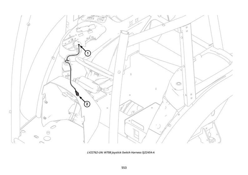 May include: Line drawing of a vehicle interior with a joystick switch harness. The harness, labeled with numbers 1 and 2, is a black cable connecting various components within the vehicle's structure. The text "LV22762-UN: W708 joystick Switch Harness SJ22454-A" is visible.