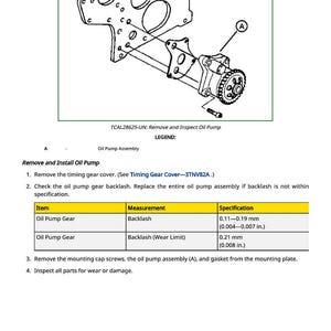 May include: Diagram illustrating the removal, inspection, and installation of an oil pump, model 3TNV82A. Includes a detailed diagram of the oil pump assembly and specifications for backlash measurements in inches and millimeters.