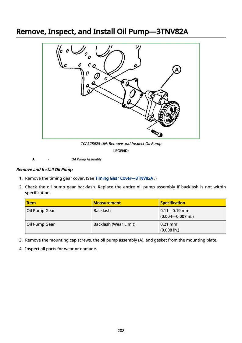 May include: Diagram illustrating the removal, inspection, and installation of an oil pump, model 3TNV82A. Includes a detailed diagram of the oil pump assembly and specifications for backlash measurements in inches and millimeters.