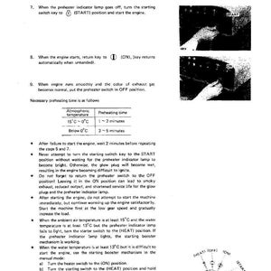 May include: Diagram from an electrical system manual, detailing engine starting procedures. Includes illustrations of switch positions (START, ON, OFF, HEAT) and preheating times based on temperature. Text explains steps for starting and operating the engine.