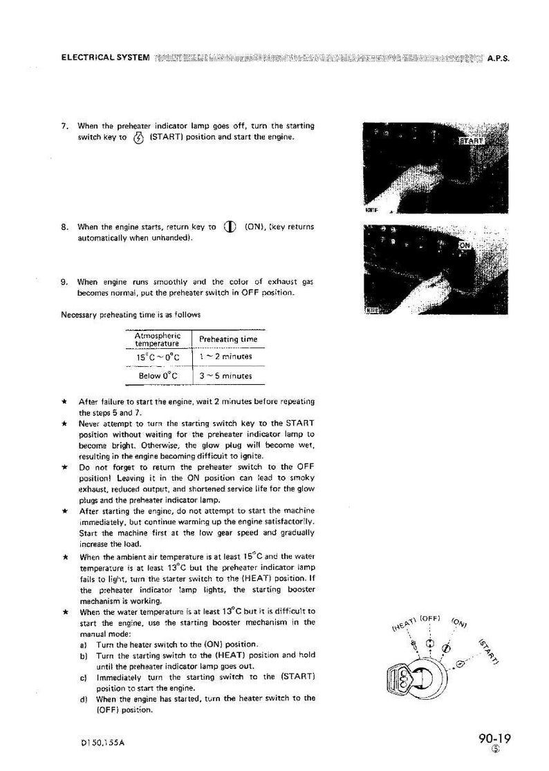 May include: Diagram from an electrical system manual, detailing engine starting procedures. Includes illustrations of switch positions (START, ON, OFF, HEAT) and preheating times based on temperature. Text explains steps for starting and operating the engine.