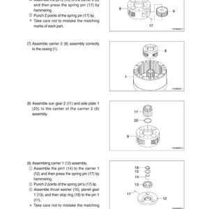 May include: Diagram of mechanical components with labels and assembly instructions. Includes illustrations of gears, pins, and washers. Text instructions detail the assembly process for carrier 2 and carrier 1.