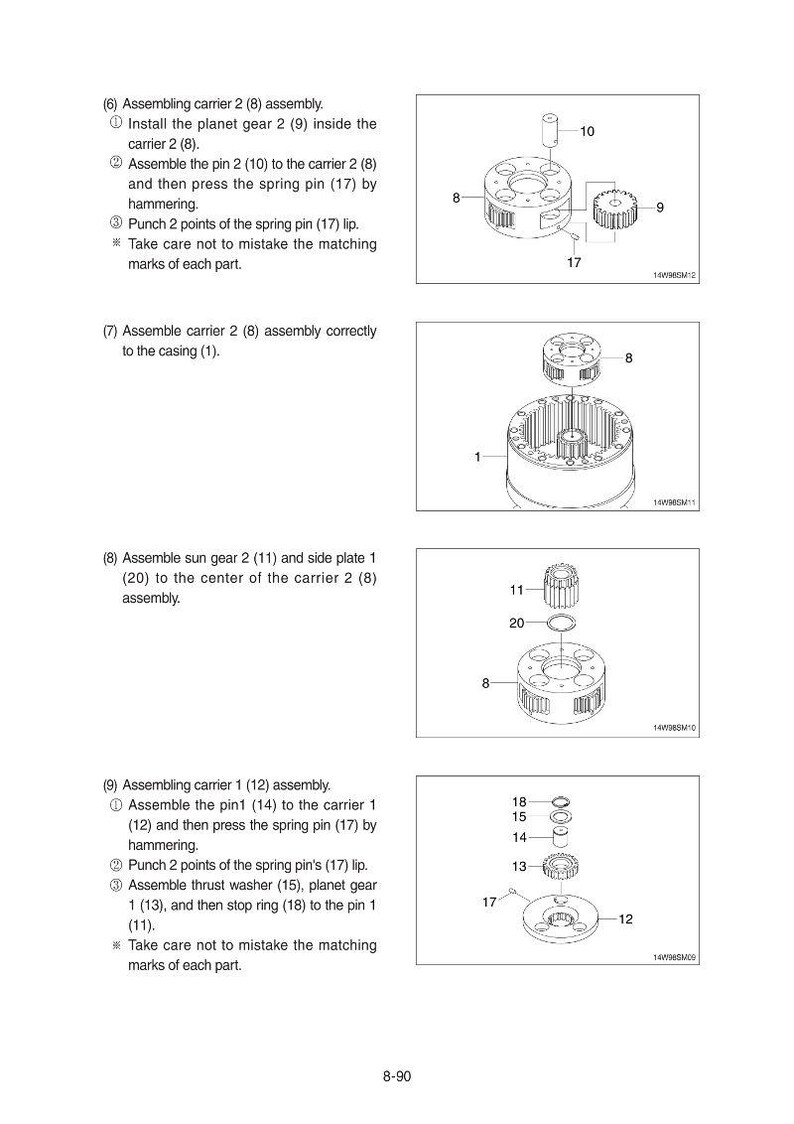 May include: Diagram of mechanical components with labels and assembly instructions. Includes illustrations of gears, pins, and washers. Text instructions detail the assembly process for carrier 2 and carrier 1.