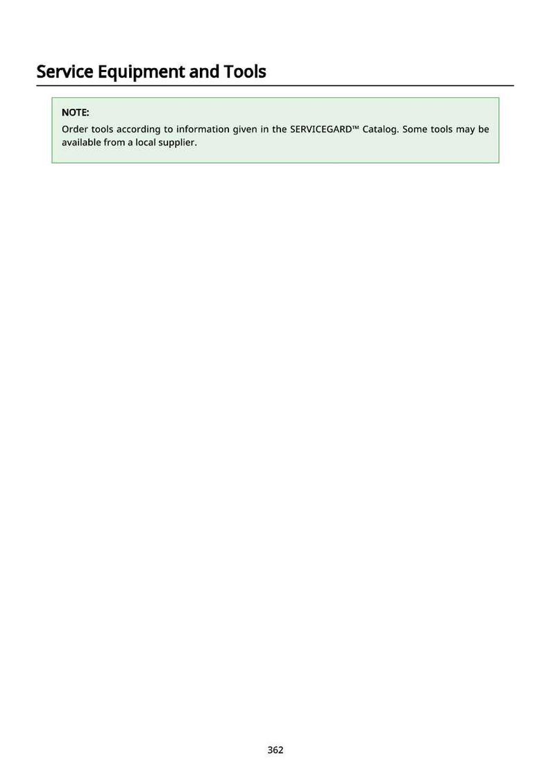 May include: Image of a page titled "Service Equipment and Tools." The text includes a note about ordering tools according to the SERVICEGARD&trade; Catalog and availability from a local supplier. The number 362 is at the bottom.