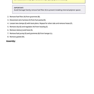 May include: A page from a manual with instructions for removing a fuel filter. The top section has a yellow caution box with safety warnings about gasoline. The instructions are numbered and include steps like removing clamps and hoses.