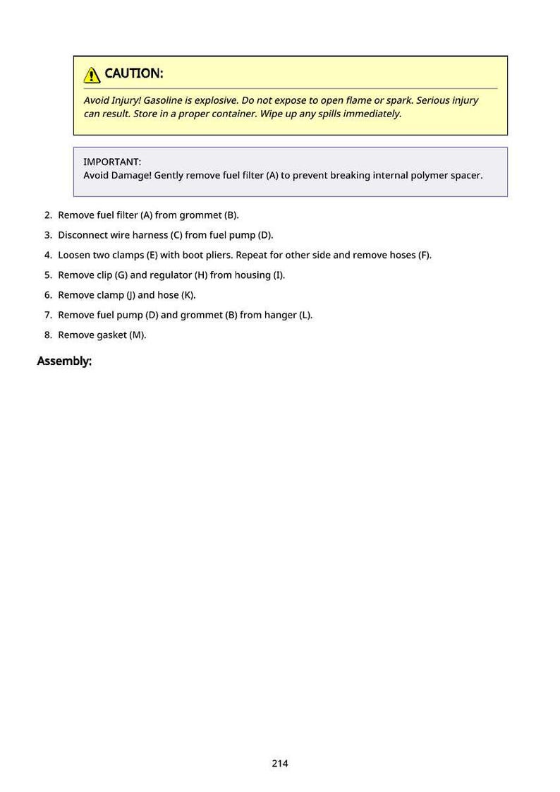 May include: A page from a manual with instructions for removing a fuel filter. The top section has a yellow caution box with safety warnings about gasoline. The instructions are numbered and include steps like removing clamps and hoses.