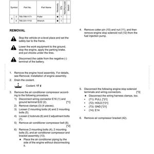 May include: A detailed technical diagram with instructions for removing and installing a cylinder head assembly. The document includes a list of special tools, removal steps, and diagrams. It also includes coolant measurements in liters.